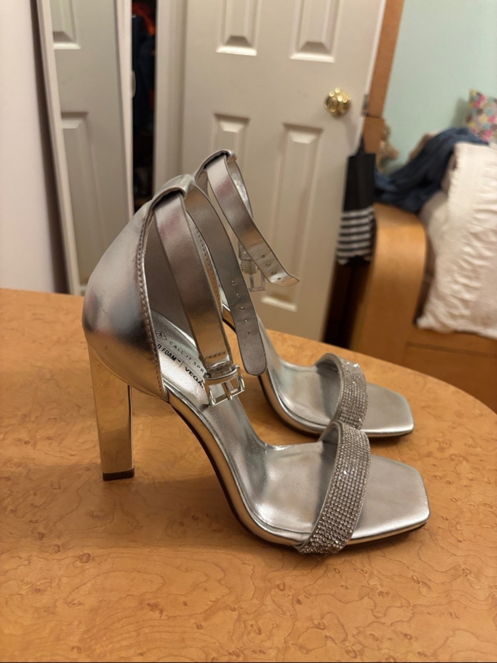 Call It Spring Silver Rhinestone Strap Heels - Picture 2 of 4